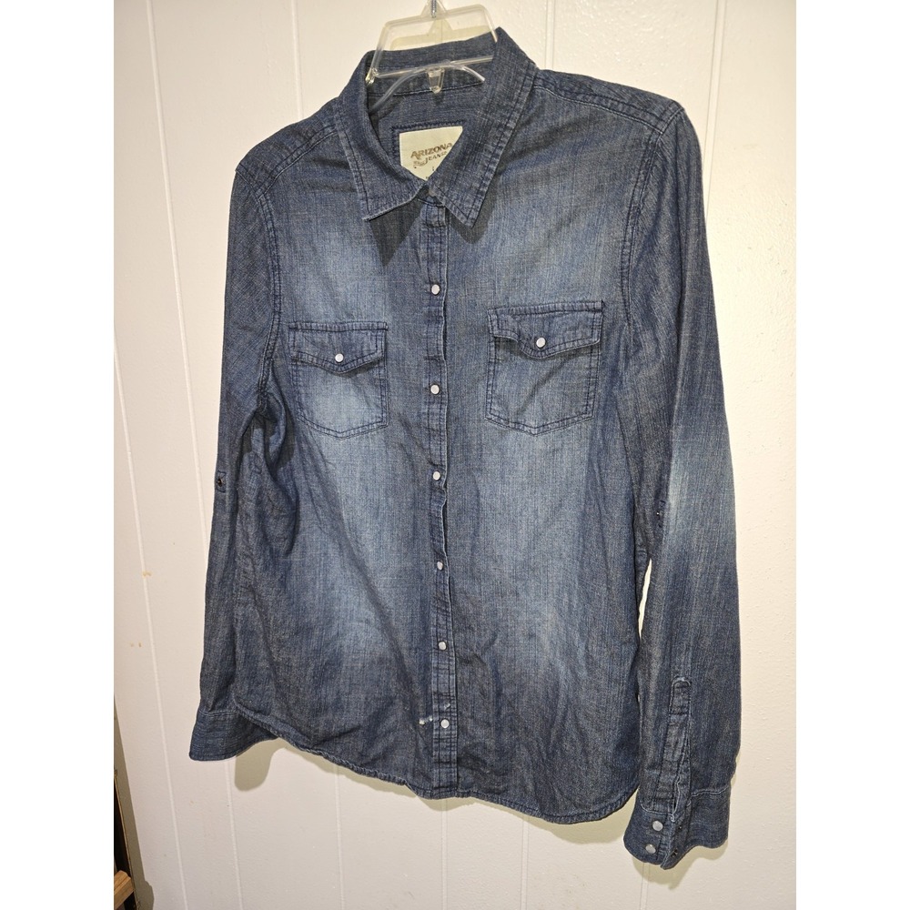 ARIZONA Shirt L Denim Jean Pearl Snap Western Cowboy Convertible Sleeves READ